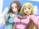  2girls blonde_hair breast_grab breasts brown_eyes brown_hair cleavage grabbing green_eyes gundam gundam_00 hair_ornament hairclip highres kinue_crossroad large_breasts long_hair long_sleeves louise_halevy multiple_girls open_mouth runaru short_hair short_sleeves 