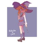  1girl blush collared_shirt cosplay full_body glasses hat highres hoboko holding holding_wand kneehighs little_witch_academia loafers long_sleeves looking_at_viewer luna_nova_school_uniform orange_hair orange_peel_(artist) original purple_background round_eyewear school_uniform shirt shoes short_hair skirt standing torn_clothes two-tone_background wand white_background white_shirt witch witch_hat 