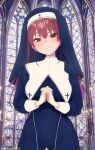  1girl alternate_costume blue_dress blue_headwear church church_interior closed_mouth commentary_request dress eyebrows_visible_through_hair habit hair_between_eyes heart heart_in_eye highres hololive houshou_marine looking_at_viewer nun oshiruko_(oshiruco_212048) own_hands_together red_eyes red_hair smile solo symbol_in_eye twitter_username virtual_youtuber 
