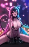  1girl all_fours animal_ears animal_hands arms_between_legs bangs bikini black_bikini black_hair breasts cat_ears cat_girl cat_paws cat_tail choker cleavage collar heart heart-shaped_pupils heart_tail highres jack-o&#039;-lantern large_breasts lights long_hair mole mole_on_breast naughty_face navel original pumpkin ramboo revealing_clothes shiny shiny_hair solo spread_legs swimsuit symbol-shaped_pupils tail tongue tongue_out 