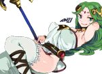  1girl arm_behind_head armpits artist_name brown_hair commentary dress feet_out_of_frame highres holding kid_icarus long_hair looking_at_viewer palutena parted_lips simple_background smile solo thighhighs white_background white_dress white_legwear whoopsatro 