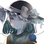  1girl absurdres amedama_ameme aqua_eyes artist_name bangs blush bow closed_mouth commentary eyebrows_behind_hair frilled_shirt_collar frills green_hair hair_between_eyes hat hat_bow heart heart_of_string highres komeiji_koishi lace_trim light_smile looking_at_viewer medium_hair see-through shirt simple_background solo third_eye touhou upper_body white_background yellow_shirt 