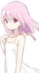  1girl arm_at_side armpit_crease bare_arms collarbone commentary_request dot_nose dress expressionless eyebrows_visible_through_hair flat_chest floating_hair hair_between_eyes hair_down hand_up highres holding_hair_ornament kaname_madoka light_blush looking_at_viewer mahou_shoujo_madoka_magica medium_hair parted_lips pink_eyes pink_hair red_ribbon ribbon shiny shiny_hair sideways_glance simple_background sleeveless sleeveless_dress solo spaghetti_strap tareme tsubaki_(tatajd) white_background white_dress 