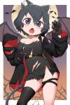  1girl animal_ears bangs bat bell belt black_belt black_dress black_gloves black_hair black_jacket black_legwear black_wings blue_eyes border cat_ears cat_tail chis_(js60216) claw_pose commentary cowboy_shot demon_wings dress eyebrows_visible_through_hair fangs full_moon gloves halloween halloween_costume highres jacket kaban_(kemono_friends) kemono_friends kemonomimi_mode long_sleeves looking_at_viewer microdress moon navel neck_bell open_clothes open_jacket open_mouth outside_border short_hair single_thighhigh skindentation sleeves_past_fingers sleeves_past_wrists solo standing tail thigh_strap thighhighs torn_clothes torn_dress torn_jacket white_border wings 
