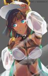  1girl alternate_costume bare_shoulders baseball_cap black_hair blue_eyes blue_hair blue_nails breasts choker dark_skin dragalia_lost hat long_hair medium_breasts multicolored_hair nail_polish navel nefaria official_alternate_costume ragnaveldt two-tone_hair upper_body 