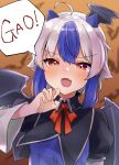  1girl :d ahoge alternate_wings arm_support bangs bat_wings blue_hair blue_shirt blurry blush book breasts brown_background claw_pose commentary_request depth_of_field dutch_angle eyebrows_visible_through_hair face fang gao gradient gradient_background gunsou1350 hair_between_eyes hand_up highres holding holding_clothes holding_skirt horns juliet_sleeves long_sleeves looking_at_viewer medium_hair multicolored_hair puffy_sleeves red_eyes red_ribbon ribbon shirt silver_hair simple_background single_wing skin_fang skirt small_breasts smile solo speech_bubble tokiko_(touhou) touhou two-tone_hair upper_body v-shaped_eyebrows wide_sleeves wings 