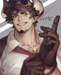  1boy adjusting_clothes adjusting_gloves bara barawa beard brown_hair draph facial_hair gloves goatee granblue_fantasy grin hand_up highres horns leather leather_gloves looking_at_viewer male_focus muscular muscular_male my_eight partially_unbuttoned pectoral_cleavage pectorals smile solo upper_body 