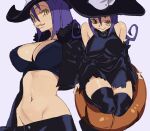  1girl absurdres bare_shoulders black_bra black_dress black_jacket black_legwear blair_(soul_eater) bra breasts cat_tail cleavage covered_nipples cropped_jacket dress hat highres jacket large_breasts long_hair midriff multiple_views navel pumpkin purple_background purple_hair simple_background soul_eater tail thighhighs underwear whoopsatro witch witch_hat yellow_eyes 