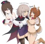  3girls anger_vein animal_collar animal_ears animal_hands animal_nose arm_around_back arm_around_waist bandage_over_one_eye bandaged_arm bandages bandeau bangs black_cape black_headwear black_legwear blood blood_on_bandages blue_eyes blush breasts brown_eyes brown_hair brown_skirt cape cleavage collar commentary dress_shirt eyebrows_visible_through_hair fake_animal_ears fake_tail front-tie_top frown girls_und_panzer gloves grimace groin halloween halloween_costume hat high_collar highres itsumi_erika large_breasts leaning_forward leg_up looking_at_another looking_at_viewer medium_breasts medium_hair miniskirt multiple_girls navel nishizumi_maho nishizumi_miho nurse_cap open_mouth paw_gloves paw_shoes pencil_skirt purple_skirt red_cape red_collar sarashi sharp_teeth shirt short_hair siblings side_slit silver_hair simple_background sisters skirt sleeves_past_wrists smile standing standing_on_one_leg sweatdrop tail teeth thighhighs torn_clothes torn_skirt translated two-sided_cape two-sided_fabric vampire_costume wata_do_chinkuru white_background white_shirt 