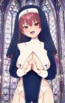 1girl alternate_costume blue_dress blue_headwear church church_interior commentary_request dress eyebrows_visible_through_hair fangs habit hair_between_eyes heart heart_in_eye highres hololive houshou_marine looking_at_viewer nun open_mouth oshiruko_(oshiruco_212048) own_hands_together red_eyes red_hair skin_fangs smile solo symbol_in_eye twitter_username virtual_youtuber 