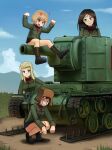  4girls :o absurdres anger_vein angry bangs black_footwear black_legwear black_skirt blue_sky brown_headwear chance8000 chinese_commentary clara_(girls_und_panzer) closed_eyes closed_mouth cloud cloudy_sky commentary day fang frown fur_hat girls_und_panzer grass green_jacket ground_vehicle hat highres jacket katyusha_(girls_und_panzer) kv-2 loafers long_hair long_sleeves looking_at_another military military_vehicle miniskirt motor_vehicle multiple_girls nina_(girls_und_panzer) nonna_(girls_und_panzer) open_mouth outdoors pleated_skirt pravda_school_uniform raised_fists red_shirt school_uniform shadow shirt shoes short_hair sitting skirt sky smile socks squatting standing t_t tank turtleneck ushanka 