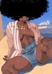  1girl absurdres afro artist_name black_hair blue_shorts breasts breasts_apart dark-skinned_female dark_skin feet_out_of_frame hair_over_eyes highres jewelry medium_breasts necklace original parted_lips pink_shirt shadow shirt shorts smile solo viv_(whoopsatro) whoopsatro 