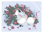  ayahira_e border bright_pupils commentary_request flower from_side highres hisuian_zorua leaf looking_back no_humans orange_eyes pokemon pokemon_(creature) red_flower sitting snow solo white_border white_pupils 