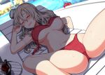  1girl alcohol bangs beach_chair bikini blurry blurry_background blush bottle breasts cameltoe chair closed_eyes commission day drooling drunk enemy_lifebuoy_(kancolle) grey_hair hair_between_eyes holding holding_hair kantai_collection large_breasts long_hair lying mouth_drool nipple_slip nipples official_alternate_costume on_back open_mouth outdoors pola_(kancolle) pool shade skeb_commission solo_focus sweat swimsuit table tsukinami_kousuke untied untied_bikini wine_bottle 