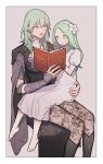  2girls :o bangs barefoot black_footwear black_legwear blush book boots breasts byleth_(fire_emblem) byleth_(fire_emblem)_(female) child commentary_request dress enlightened_byleth_(female) eyebrows_visible_through_hair fire_emblem fire_emblem:_three_houses flower garreg_mach_monastery_uniform green_eyes green_hair hair_between_eyes hair_flower hair_ornament highres holding holding_book ikarin knee_boots large_breasts long_hair multiple_girls pantyhose parted_lips pointy_ears rhea_(fire_emblem) simple_background sitting sitting_on_lap sitting_on_person white_dress white_flower wide_sleeves younger 