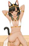  1girl :p absurdres animal_ears armlet armpits arms_behind_head arms_up bangs barefoot bell black_hair black_tail blunt_bangs blush bob_cut breasts brown_eyes cat_ears cat_girl cat_tail collar collarbone crossed_legs dated_commentary egyptian_clothes eyebrows_visible_through_hair eyeshadow fang hair_tubes headpiece highres jingle_bell looking_at_viewer makeup neck_bell open_mouth original parted_bangs short_hair sidelocks sitting small_breasts smile stone tail tail_raised tongue tongue_out usekh_collar yagih 
