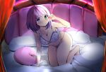  0344 1girl all_fours arm_up armpit_peek bangs bed blush bra breasts cleavage collarbone heterochromia highres himemori_luna hololive large_breasts looking_at_viewer multicolored_hair on_bed panties pink_hair purple_hair short_hair smile solo underwear virtual_youtuber 