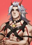  1boy abs alternate_facial_hair arataki_itto bara bare_pectorals body_markings bracelet chest_harness collar commentary english_commentary facial_hair genshin_impact goatee harness highres horns jewelry long_hair male_focus muscular muscular_male nipples oni oni_horns pectorals red_eyes red_horns seupil_hyugo_(spirohugo) spiked_collar spikes stubble tattoo thick_eyebrows upper_body vision_(genshin_impact) white_hair 