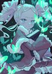  1girl beatrice_(re:zero) blonde_hair blush book bug butterfly capelet commentary crown crying dress drill_hair eyelashes frills fur-trimmed_capelet fur_trim hair_ribbon highres holding holding_book long_hair long_sleeves mini_crown parted_lips parupin pink_ribbon re:zero_kara_hajimeru_isekai_seikatsu ribbon short_eyebrows sidelocks solo symbol-shaped_pupils tears twin_drills twintails 