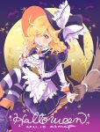  1girl alternate_costume apron artist_name azuma_aya back_bow bangs bat black_capelet blonde_hair blush boots bow braid breasts broom broom_riding buttons capelet center_frills dated english_text eyebrows_visible_through_hair eyes_visible_through_hair frills full_body full_moon gradient gradient_background hair_ribbon halloween halloween_costume hat hat_bow highres kirisame_marisa long_hair long_sleeves looking_at_viewer moon open_mouth purple_background purple_ribbon ribbon shiny shiny_hair shirt single_braid sitting small_breasts solo sparkle star_(symbol) striped striped_legwear symbol-only_commentary touhou tress_ribbon waist_apron white_apron white_bow white_shirt witch_hat wrist_cuffs yellow_eyes 