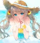  1girl aqua_eyes bangs bikini blunt_bangs brown_hair chin_stroking crazy_straw drink drinking_straw flower gradient_hair green_hair hair_flower hair_ornament hand_on_own_chin hat heart_straw highres juice light_rays long_hair multicolored_hair original shadow sidelocks solo straw_hat sunbeam sunflower_hair_ornament sunlight swimsuit tsuyuri_eri twintails upper_body 