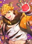  1boy abs animal_costume animal_ears bangs bara black_tank_top blonde_hair cropped_jacket cross-laced_clothes cross-laced_cutout cross-laced_slit cross-laced_top fangs fangs_out fur_collar granblue_fantasy halloween halloween_costume highres jacket large_pectorals looking_at_viewer male_focus muscular official_alternate_costume open_clothes open_jacket open_mouth orange_jacket pectoral_cleavage pectorals purple_background satoimo_sanda shirt short_hair sidepec smile solo star_(symbol) tank_top teeth torn_clothes torn_shirt vane_(granblue_fantasy) white_shirt wolf_boy wolf_costume wolf_ears wolf_paws 