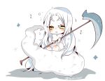  1girl blush chibi dark_souls_(series) dragon_girl green_eyes holding holding_scythe holding_weapon long_hair monster_girl priscilla_the_crossbreed scythe sitting tail weapon white_hair 