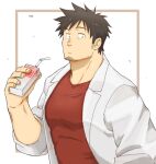  1boy bara black_hair demi-chan_wa_kataritai drinking_straw facial_hair goatee indoors juice_box labcoat long_sideburns male_focus muscular muscular_male pectorals red_shirt shirt short_hair sideburns solo strawberry_milk stubble takahashi_tetsuo upper_body yanutorie 