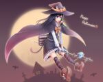  1girl animal_ears asashio_(kancolle) black_cape black_hair black_headwear blue_eyes cape cat_ears cat_tail dress gloves halloween halloween_costume hat kantai_collection long_hair long_sleeves official_alternate_costume orange_cape pinafore_dress rizuriri solo striped striped_legwear tail thighhighs two-tone_cape white_gloves witch_hat 