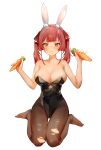  1girl animal_ear_fluff animal_ears bangs bare_arms bare_shoulders black_eyepatch black_legwear black_leotard blunt_bangs blush breasts carrot cleavage commentary_request cosplay cutout_above_navel embarrassed eyepatch g_li hair_ribbon heterochromia highleg highleg_leotard highres hololive houshou_marine large_breasts leotard long_hair looking_at_viewer no_shoes pantyhose playboy_bunny rabbit_ears red_eyes red_hair red_ribbon ribbon sexually_suggestive sitting solo strapless strapless_leotard torn_clothes torn_legwear twintails undersized_clothes usada_pekora usada_pekora_(cosplay) virtual_youtuber wariza yellow_eyes 