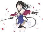  1girl atelier_(series) atelier_meruru black_hair closed_mouth dress gloves hair_ornament highres long_hair looking_at_viewer mimi_houllier_von_schwarzlang ponytail puchi_kurage purple_eyes shorts simple_background smile solo thighhighs white_background 