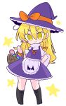  1girl adapted_costume apron black_footwear blonde_hair boots bow braid buttons commentary dress frilled_dress frills hair_bow halloween_costume hat hat_bow highres kirisame_marisa long_hair op_na_yarou orange_bow puffy_sleeves purple_dress purple_headwear short_sleeves side_braid simple_background single_braid solo touhou waist_apron white_background witch_hat yellow_eyes 