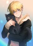  1boy absurdres animal bangs black_cat black_jacket blue_background blue_eyes blush brown_background brown_sweater cat closed_mouth earrings fangs gradient gradient_background hand_up highres holding holding_animal holding_cat jacket jewelry long_sleeves looking_at_viewer male_focus matsuno_chifuyu nanin one_eye_closed shiny shiny_hair short_hair smile solo sweater tokyo_revengers 