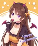  1girl bangs black_choker black_gloves black_hairband blush bow braid breasts brown_hair candy choker cleavage commentary_request covered_mouth detached_wings dress eyebrows_visible_through_hair fake_horns food gloves hair_between_eyes hair_bow hairband halloween hand_up happy_halloween hitsuki_rei holding holding_candy holding_food holding_lollipop horns lollipop looking_at_viewer medium_breasts mini_wings orange_background orange_bow orange_dress polka_dot polka_dot_background puffy_short_sleeves puffy_sleeves purple_eyes purple_wings short_sleeves signature snowdreams_-lost_in_winter- solo starry_background two-tone_background two_side_up upper_body white_background wings xia_qianfan 