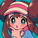  1girl :o aqua_background blue_eyes blue_shirt blush_stickers bow bright_pupils brown_hair chin_stroking chueog commentary double_bun hand_up looking_at_viewer lowres pink_bow pokemon pokemon_(game) pokemon_bw2 pokemon_masters_ex raglan_sleeves rosa_(pokemon) shirt simple_background solo twintails upper_body visor_cap white_pupils 