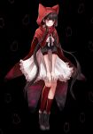  1girl animal_ears asymmetrical_legwear bangs black_background black_shirt blush bow bowtie brown_footwear brown_legwear cape commentary_request danganronpa_(series) danganronpa_v3:_killing_harmony fake_animal_ears frilled_skirt frills full_body ghost_print harukawa_maki highres hood hood_up hooded_cape kneehighs long_hair low_twintails plaid plaid_skirt porary red_cape red_legwear shiny shiny_hair shirt shoes skirt sweatdrop twintails white_bow white_skirt 