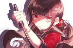  1girl bangs brown_hair danganronpa_(series) danganronpa_v3:_killing_harmony earrings eyebrows_visible_through_hair grey_background hair_ornament hair_scrunchie hand_up harukawa_maki highres holding holding_knife jewelry knife long_hair long_sleeves looking_at_viewer low_twintails mole mole_under_eye parted_lips red_eyes red_scrunchie red_shirt remi_(remi_0702) scrunchie shiny shiny_hair shirt simple_background twintails 