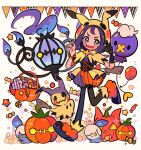  1girl acerola_(pokemon) balloon bangs bead_bracelet beads black_legwear blush_stickers bracelet capelet chandelure chueog commentary drifloon flipped_hair gloves halloween_bucket hands_up highres hood hooded_capelet jewelry leg_up legwear_under_shorts litwick medium_hair mimikyu multicolored_footwear official_alternate_costume open_mouth orange_bracelet orange_shorts pantyhose pokemon pokemon_(creature) pokemon_(game) pokemon_masters_ex pumpkin purple_hair shoes shorts single_glove smile striped striped_shorts themed_object tongue twitter_username vertical-striped_shorts vertical_stripes waist_cape 