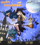  1girl 2021 :d absurdres alternate_costume bangs bat black_dress black_footwear blonde_hair broom broom_riding collarbone commentary_request dress eyelashes green_eyes halloween hand_on_headwear happy_halloween hat high_heels highres lillie_(pokemon) long_hair long_sleeves looking_at_viewer mimikyu misdreavus moon murkrow night open_mouth outdoors pokemon pokemon_(creature) pokemon_(game) pokemon_sm silk sitting sky smile sparkle spider_web teeth teru_zeta tongue upper_teeth witch_hat 