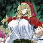  2girls aqua_eyes basket blonde_hair blue_eyes breasts cloak cosplay elizabeth_bathory_(cinderella_rider)_(fate) elizabeth_bathory_(fate) fairy_knight_gawain_(fate) fang fate/grand_order fate_(series) grimm_(red_hood) grimm_(red_hood)_(cosplay) hair_bun hood hooded_cloak horns large_breasts menacing_(jojo) multiple_girls oro_(zetsubou_girl) pink_hair pointy_ears red_hood_(kawaguchi) 