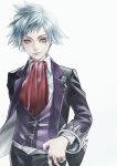  1boy bangs black_pants closed_mouth collared_shirt commentary_request grey_eyes grey_hair highres jacket jewelry long_sleeves looking_to_the_side male_focus murasaki_(fioletovyy) necktie open_clothes open_jacket pants pokemon pokemon_(game) pokemon_oras purple_vest red_necktie ring shirt short_hair smile solo steven_stone vest white_background white_shirt 