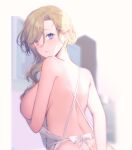  1girl absurdres apron azur_lane back bangs bare_arms bare_shoulders blonde_hair blurry blurry_background blush breasts chinese_commentary commentary_request depth_of_field earrings from_behind hand_on_own_chest highres hood_(azur_lane) jewelry large_breasts long_hair looking_at_viewer looking_back moonlgnance naked_apron parted_lips purple_eyes sideboob solo swept_bangs upper_body white_apron 