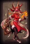  1girl animal_ears boots clawed_gauntlets dark_skin dress earrings final_fantasy final_fantasy_tactics_advance gloves green_eyes hat high_heels highres jewelry long_dress long_hair maksn panty_straps rabbit_ears red_mage smile solo staff thigh_boots thighhighs very_long_hair viera white_hair witch_hat 