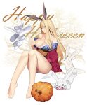  1girl absurdres animal_ears arm_support bare_legs bare_shoulders barefoot blonde_hair blue_kimono blush breasts bunny cleavage collarbone commission english_commentary english_text eyebrows_visible_through_hair floral_print full_body green_eyes halloween happy_halloween hat highres jack-o&#039;-lantern japanese_clothes kimono kimono_tug knees_together_feet_apart large_breasts light_smile long_hair long_sleeves looking_at_viewer migu_(iws2525) mole mole_under_eye obi original panties pantyshot pink_lips print_kimono pumpkin rabbit_ears rabii sash short_kimono silhouette sitting solo toenails toes tree underwear white_background white_panties wide_sleeves witch_hat 