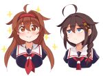  2girls ahoge black_hair black_serafuku blue_eyes braid brown_hair commentary_request cropped_torso hair_flaps hair_ornament hair_over_shoulder hairband highres kantai_collection kuroten long_hair multiple_girls orange_eyes red_hairband remodel_(kantai_collection) sailor_collar school_uniform serafuku shigure_(kancolle) shiratsuyu_(kancolle) single_braid smile sparkle upper_body white_sailor_collar 