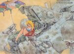  1980s_(style) 1987 1girl aic bad_link bag bare_legs barefoot blonde_hair blue_eyes closed_mouth cockpit copyright_name cyberpunk damaged dated dirty dish dragon dragon&#039;s_heaven english_text food hand_on_own_knee holding holding_umbrella ikuuru kobayashi_makoto_(illustrator) legs logo long_hair looking_at_viewer machinery mecha moebius_(style) official_art open_hatch parasol pilot_chair plate production_art promotional_art retro_artstyle robot scan shaian_(robot) signature simple_background sitting smile tank_top umbrella yellow_background 