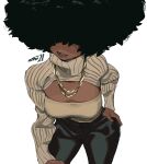  1girl absurdres afro artist_name black_hair black_pants brown_sweater cleavage_cutout clothing_cutout cowboy_shot dark-skinned_female dark_skin hair_over_eyes hand_on_hip highres jewelry leaning_forward necklace original pants parted_lips simple_background smile solo sweater viv_(whoopsatro) white_background whoopsatro 