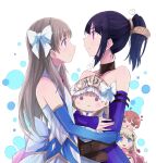  atelier_(series) atelier_totori black_hair blue_eyes brown_eyes brown_hair character_request closed_mouth detached_sleeves dress hair_ornament highres himejoshi long_hair maromi_(am97) mimi_houllier_von_schwarzlang multiple_girls purple_eyes simple_background smile totooria_helmold white_background yuri 