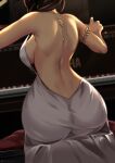  1girl absurdres armlet ass azur_lane back backless_dress backless_outfit black_hair braid breasts cocktail_dress dark-skinned_female dark_skin dress evening_gown highres instrument large_breasts long_hair official_alternate_costume piano piano_bench queasy_s sideboob sitting solo south_dakota_(azur_lane) south_dakota_(solo_concert)_(azur_lane) white_dress 