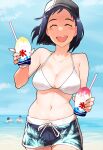  1girl absurdres beach blue_sky blush breasts closed_eyes commentary_request day demi-chan_wa_kataritai eringi25 facing_viewer hat highres male_swimwear medium_breasts medium_hair navel ocean outdoors shaved_ice sky solo_focus standing sweat swim_trunks swimsuit takahashi_yoko 